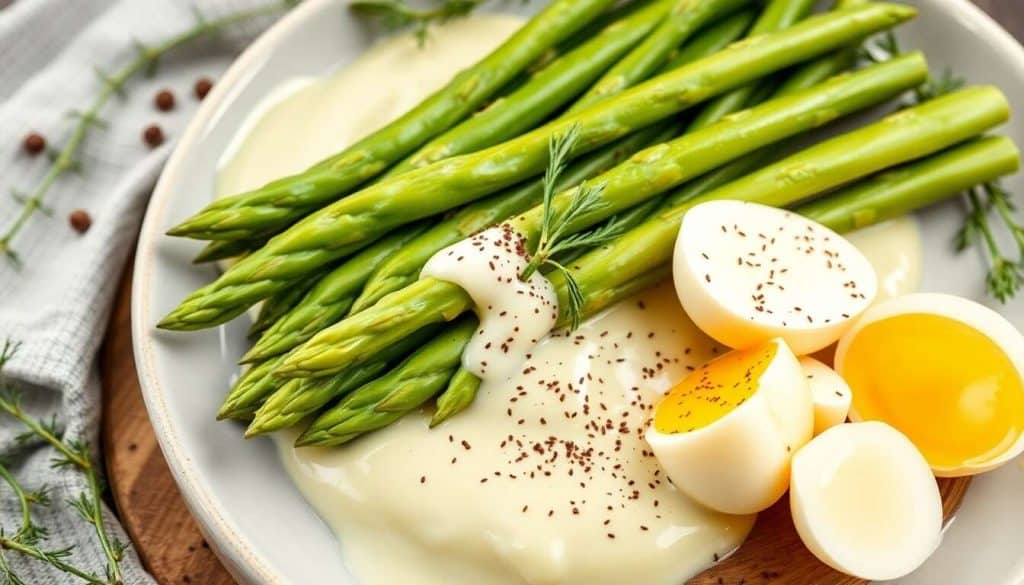 Mousseline d'asperges vertes et son œuf poché nacré