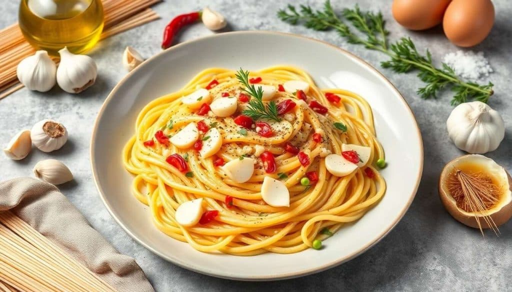 Pâtes à l'ail, huile d'olive extra-vierge et piment d'Espelette