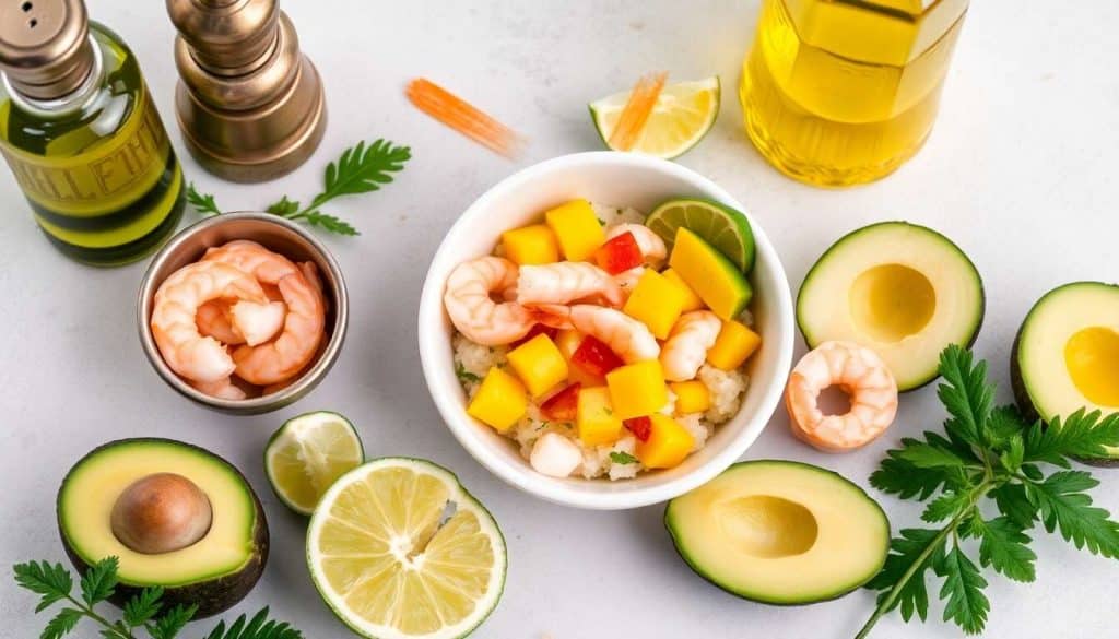 Tartare d'avocat et crevettes sur lit de mangue