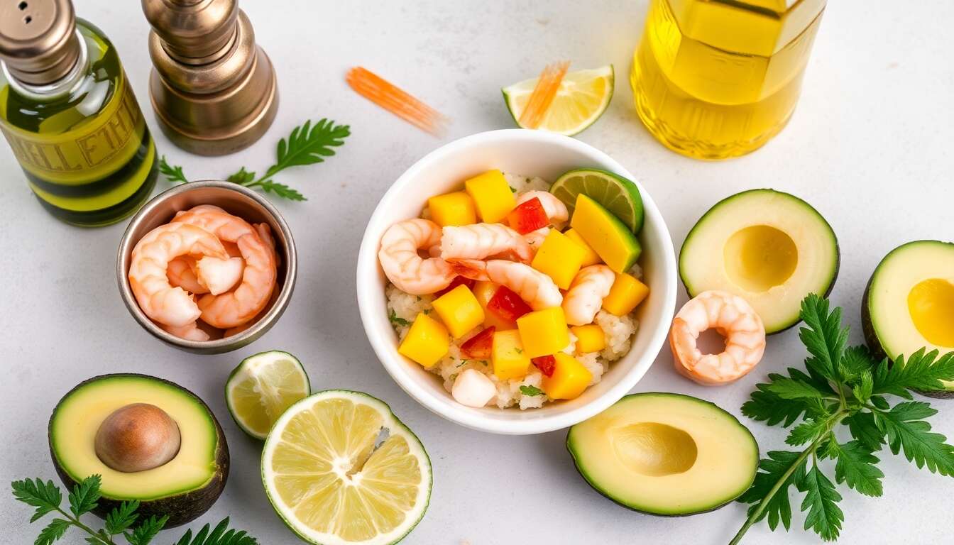 Tartare d'avocat et crevettes sur lit de mangue