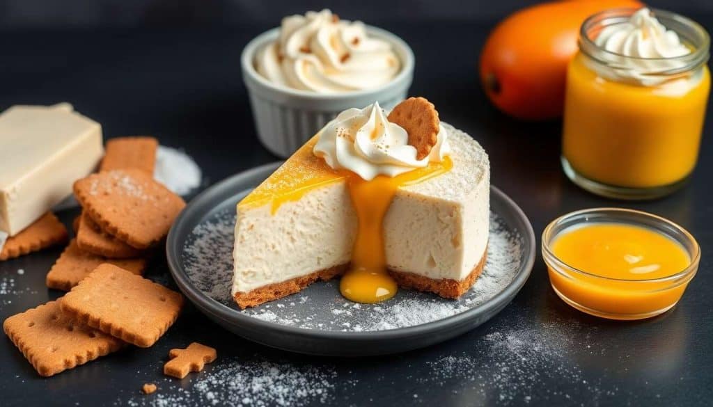 Cheesecake sans cuisson aux spéculoos et coulis de mangue