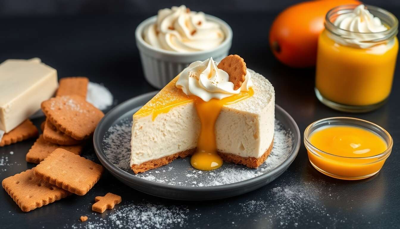 Cheesecake sans cuisson aux spéculoos et coulis de mangue