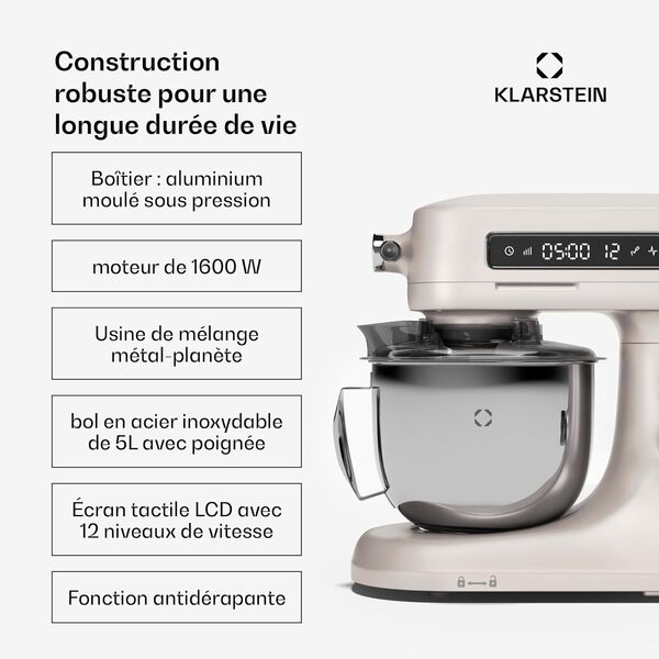 Klarstein Chiara robot de cuisine multifonctions – 1600 W, bol inox 5 L, 12 vitesses, écran tactile LCD, silencieux ≤ 72 dB, accessoires lavables, set de pâtisserie, boîtier en aluminium moulé, sable