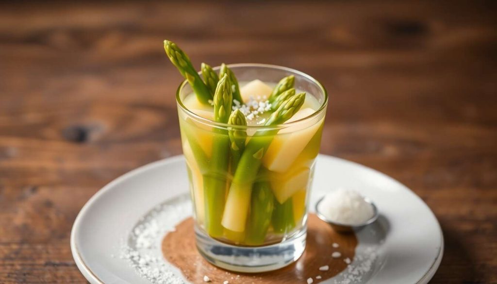 Aspic en verrine : duo d'asperges vertes et blanches en gelée parfumée
