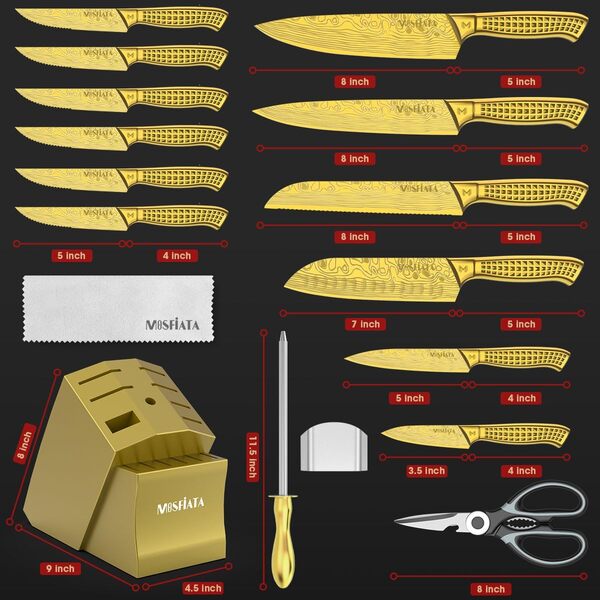 MOSFiATA Bloc à couteaux, set de 17 couteaux de cuisine tranchants en acier inoxydable et ciseaux, set de couteaux de chef professionnels, avec protection des doigts et boîtes cadeaux