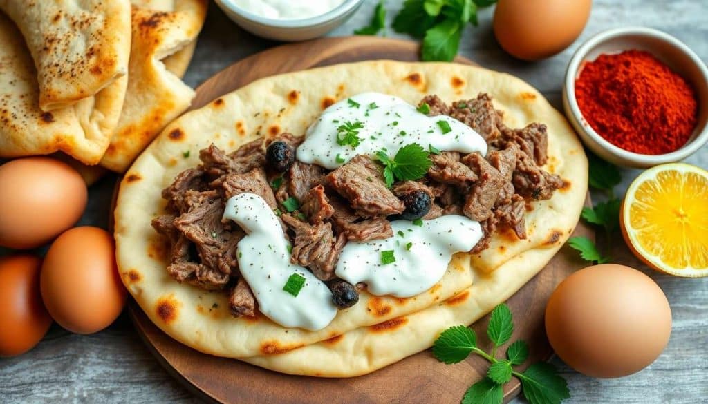 Pain pita grillé garni d'un effiloché d'agneau mariné aux épices orientales