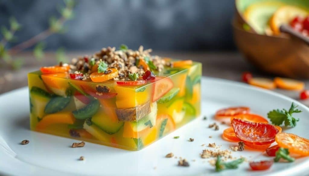 Terrine de légumes multicolores en gelée d'herbes fraîches