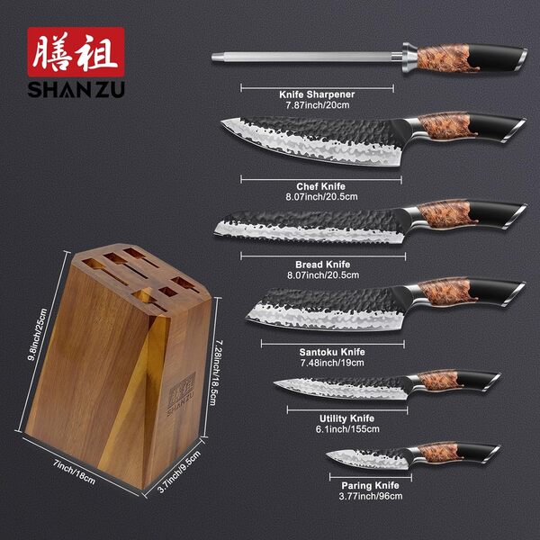 SHAN ZU Ensemble de Couteaux Cuisine Forgé à la Main, 7 Pièces Set Couteau Japonais avec Bloc Couteaux, Couteau de Chef en Acier 9Cr18MOV(7 Couches), Manche en Bois d'érable
