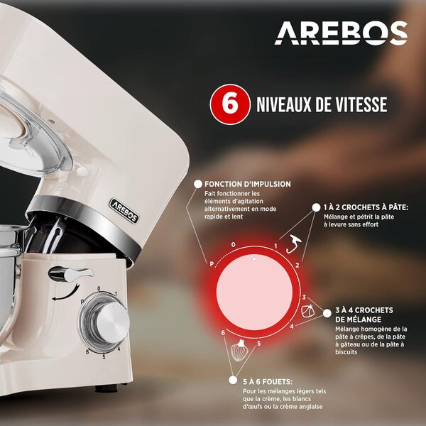 Arebos Robot de cuisine 1500W Crème | Pétrin avec 2x bols en inox 4,5 & 5,5L | Mixeur de cuisine avec crochet mélangeur, crochet pétrisseur, fouet et protection anti-éclaboussures | 6 vitesses