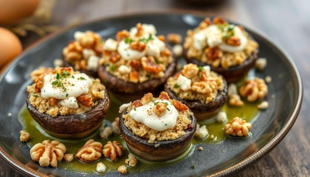 Champignons farcis au fromage bleu et noix croquantes