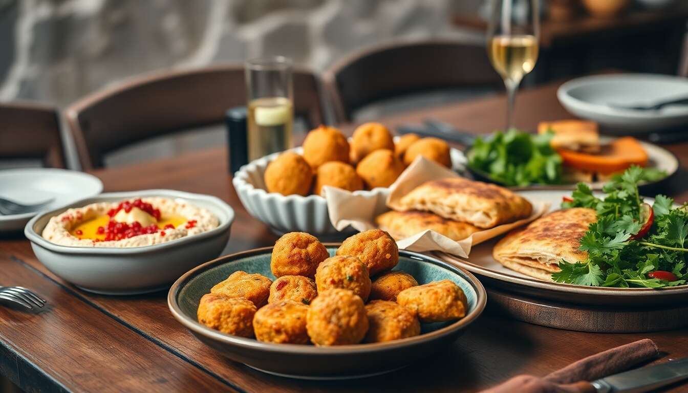 Des mezz&eacute;s savoureux : houmous, falafels et spanakopitas
