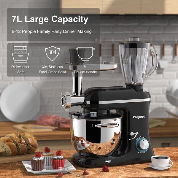 Vospeed Robot Patissier 9 en 1, 1500W 8L Cuisine Multifonctions avec Acier Inoxydable Bowl, Batteur, Crochet Pétrisseur, Fouet Pourcuisson, 6 Vitesses, Lavable au Lave-vaisselle (Nero), SM-1520BM