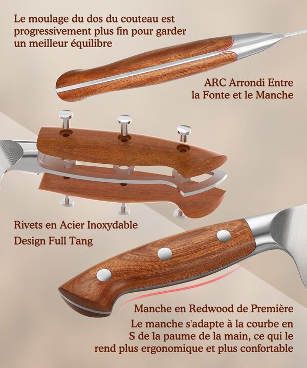 HEZHEN Ensembles de Couteaux de Cuisine German en Acier 5 Pièces,Set de Couteaux de Chef Professionnels en Acier Inoxydable Couteau Santoku, Manche en Redwood