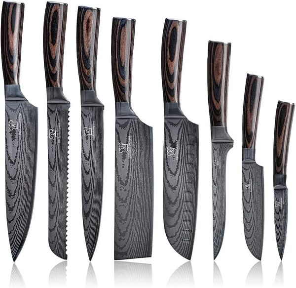 Küchenkompane - Asiatique Set de couteaux de cuisine Kasshoku, couteaux en acier inoxydable I Conçu en Allemagne I Différentes tailles et manche en résine époxy I Pour cuisine/restaurant I (8pcs)