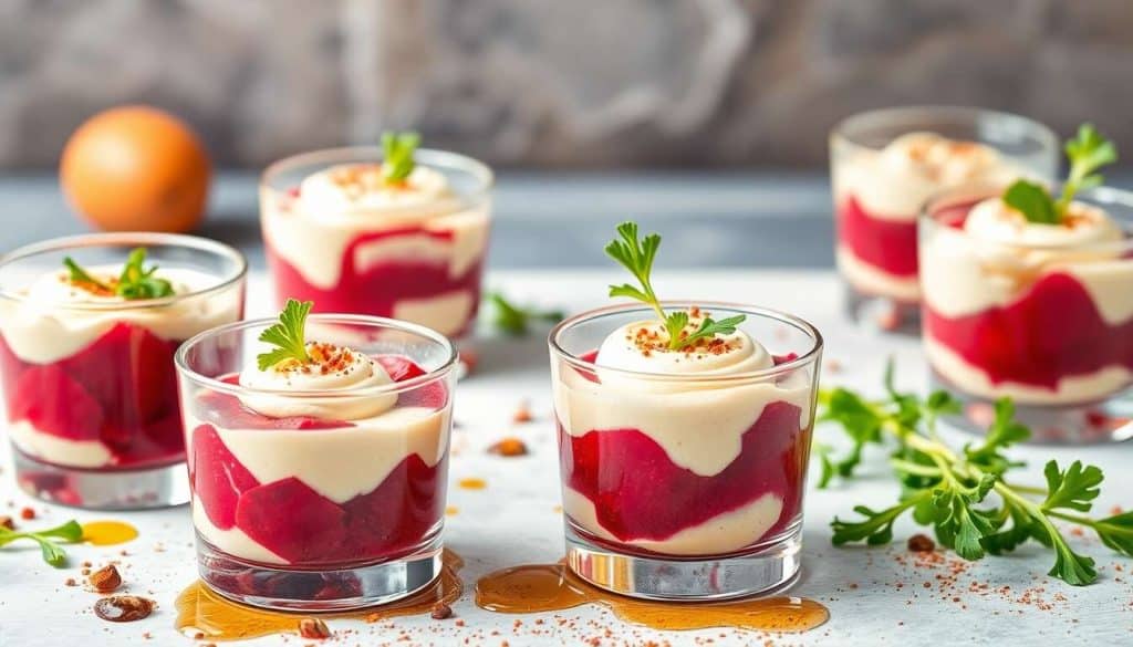 Verrines de betteraves et mousse de roquette, la couleur s'invite à votre table