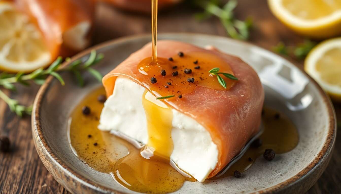Chèvre frais en habit de prosciutto, miel et thym citronné