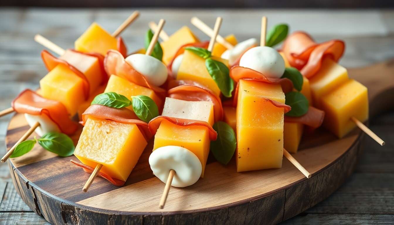 Brochettes de melon, jambon cru et mozzarella di bufala