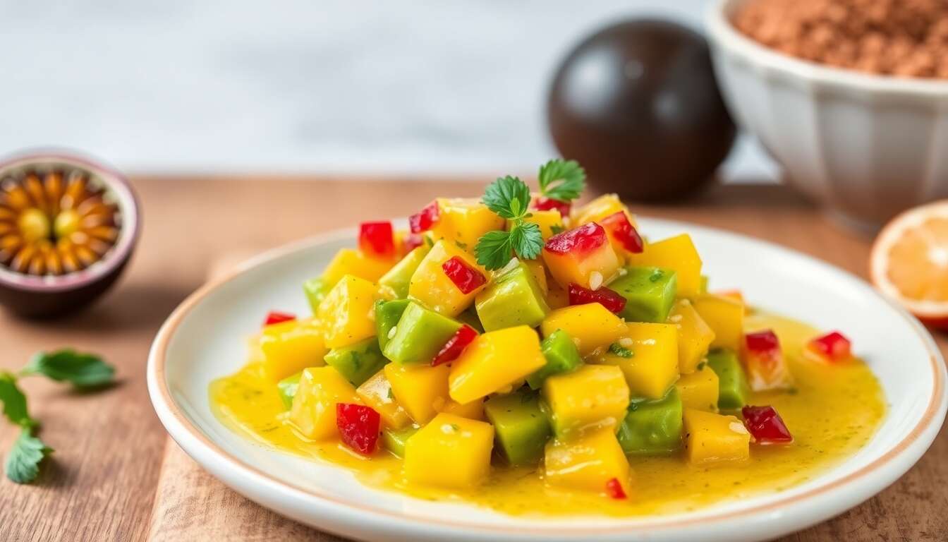 Tartare d'avocat et mangue, vinaigrette passion