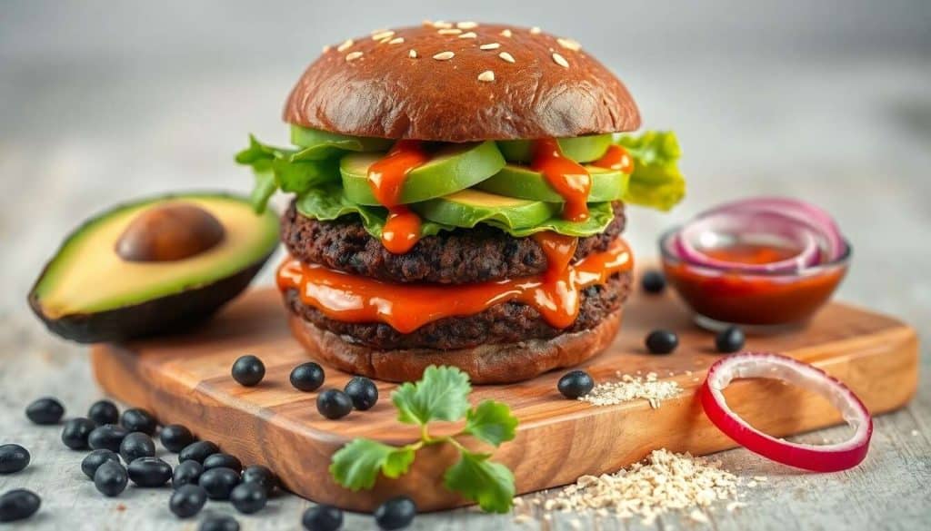 Burger végétarien aux haricots noirs, avocat et sauce chipotle