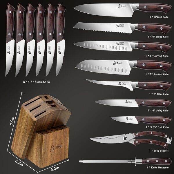 DDF iohEF Set Couteau Cuisine 16 Pièces Ensemble Set de Couteaux Cuisine avec Bloc, Japonais en Acier inoxydable avec Aiguiseur Ciseaux Couteaux de Chef Professionnels Ultra Tranchants