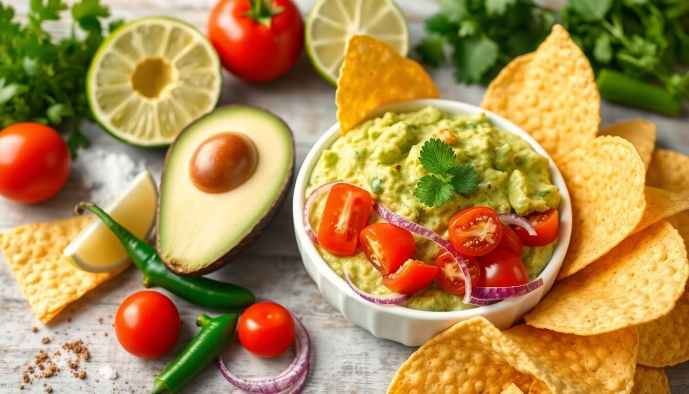 Guacamole maison onctueux accompagné de chips de maïs épicées