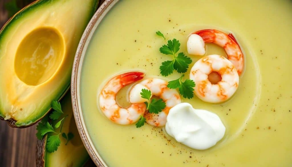 Velouté glacé d'avocat et crevettes à la coriandre