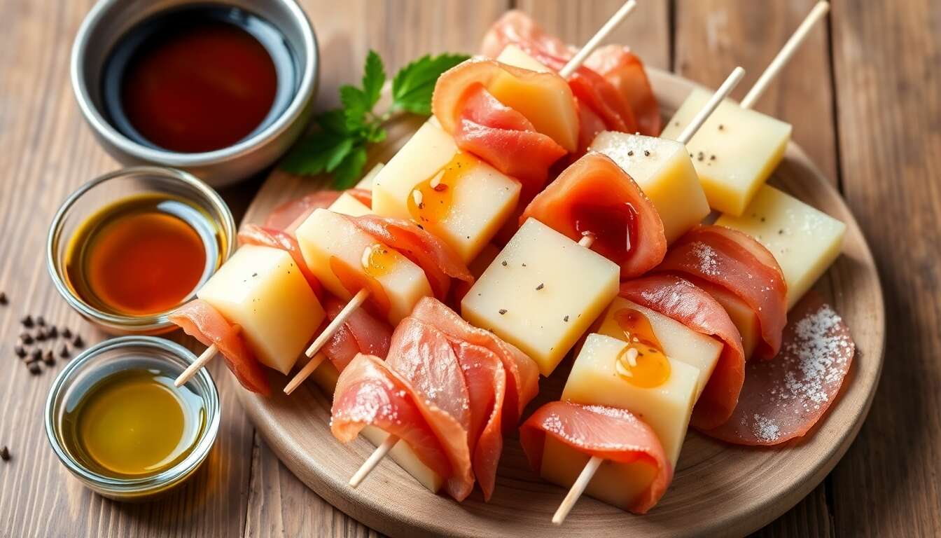 Brochettes de melon et jambon cru, balsamique réduit