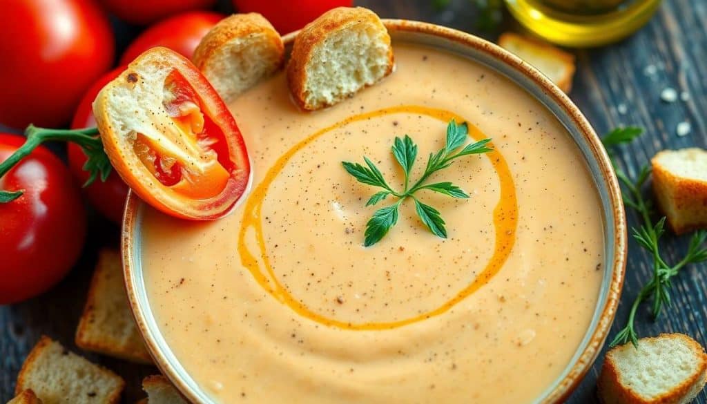 Gaspacho andalou onctueux et ses croûtons maison
