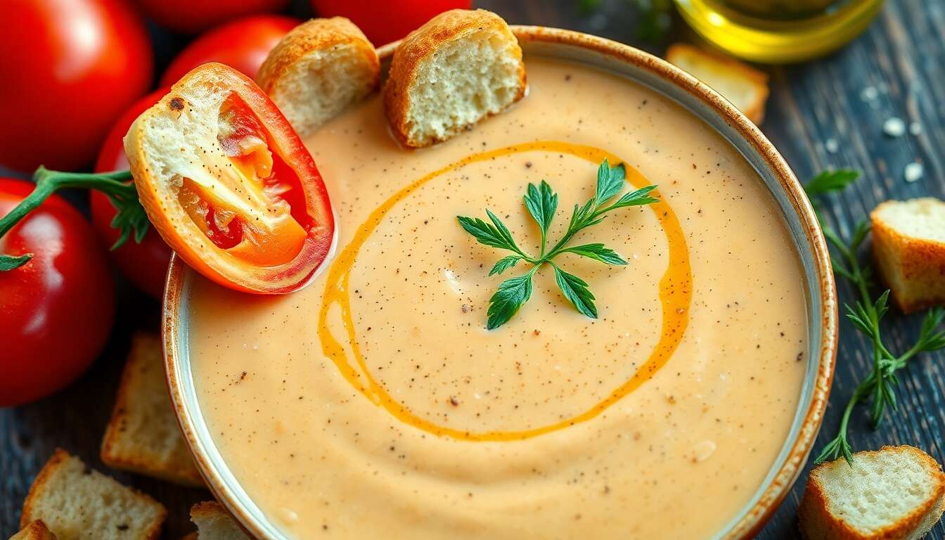 Gaspacho andalou onctueux et ses croûtons maison