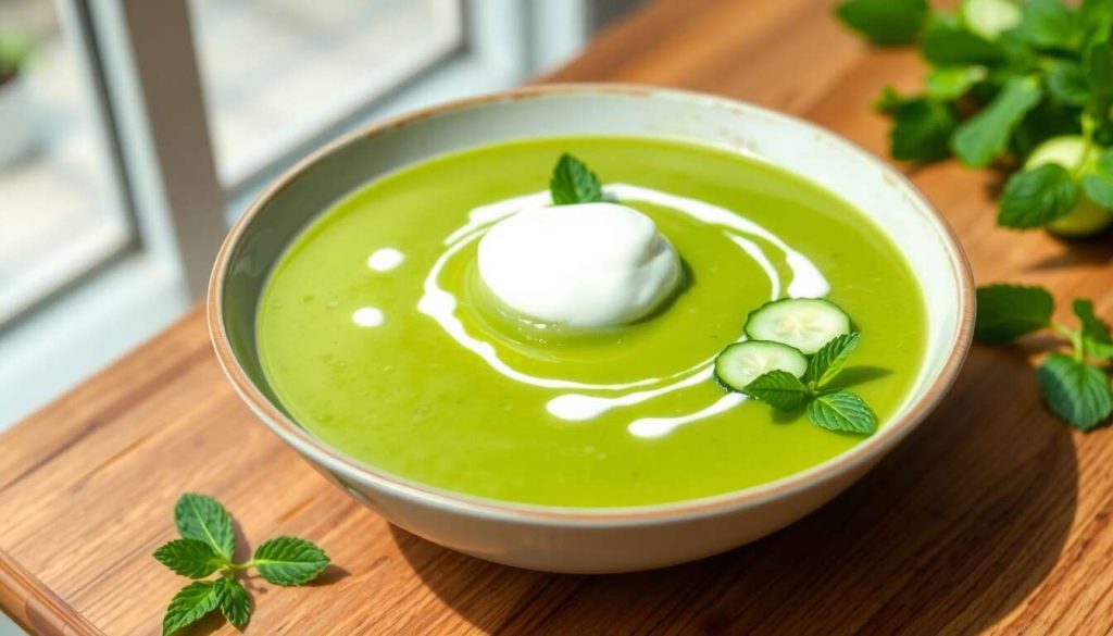 Velouté glacé de concombre à la menthe et espuma de yaourt