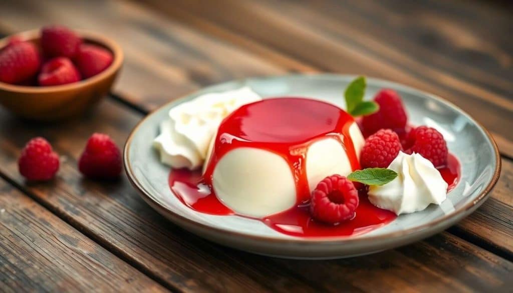 Panna cotta aux framboises et coulis de fruits rouges