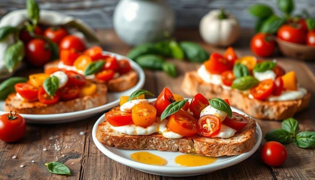 Bruschettas colorées à la tomate, burrata et basilic frais