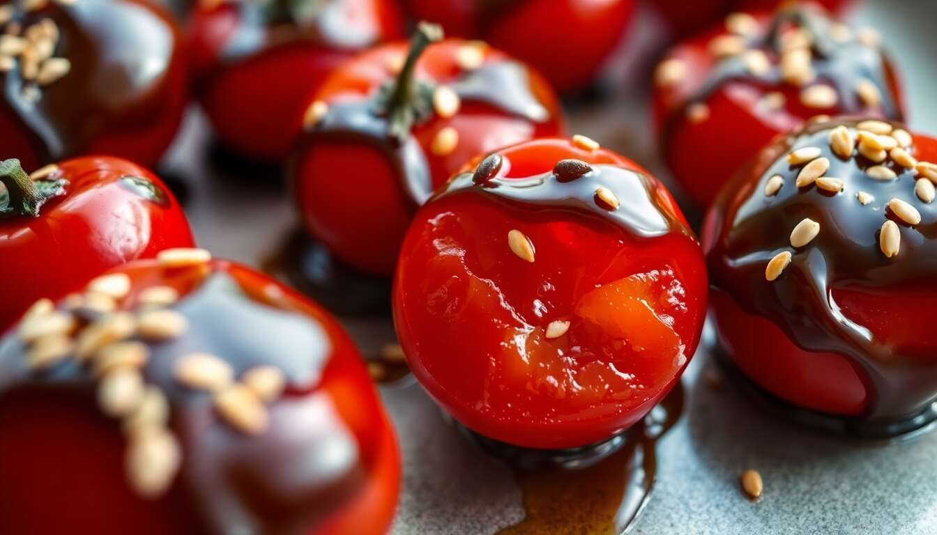 Tomates cerises d'amour enrobées d'une caramel balsamique et sésame toasté