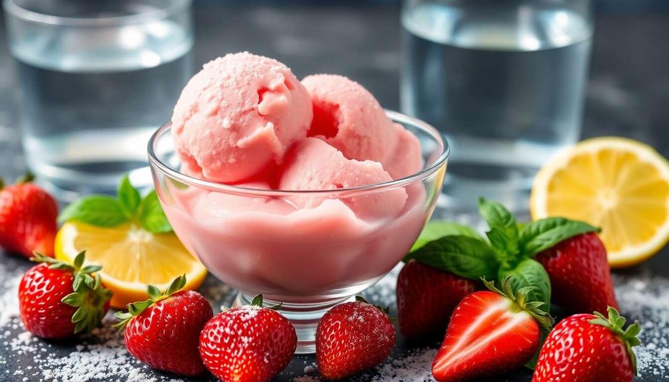 Sorbet maison aux fraises et basilic frais
