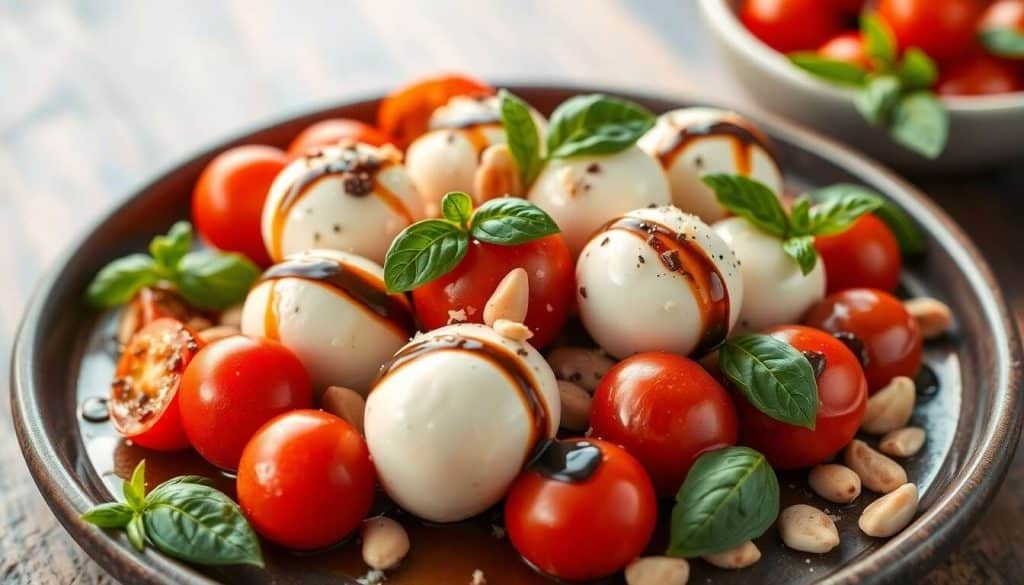 Caprese twistée : tomates cerises et billes de mozzarella marinées