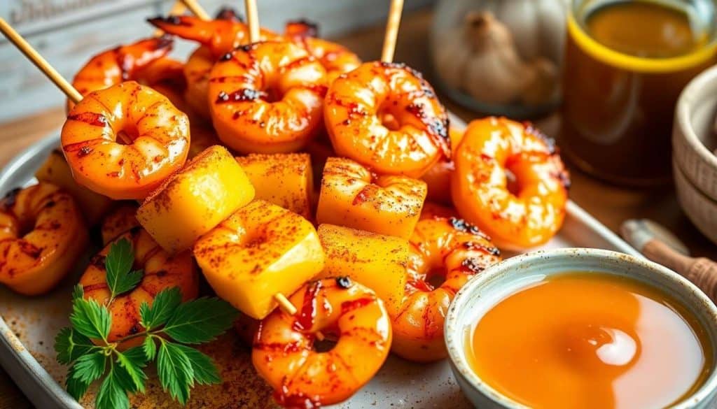 Brochettes fruitées : crevettes et ananas grillés au piment doux