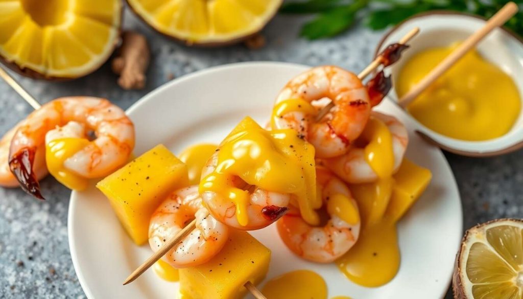 Brochettes exotiques crevettes et ananas, sauce curry-coco