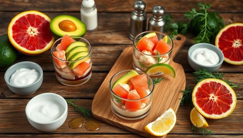 Verrines de crabe à la crème d'avocat et pamplemousse rose