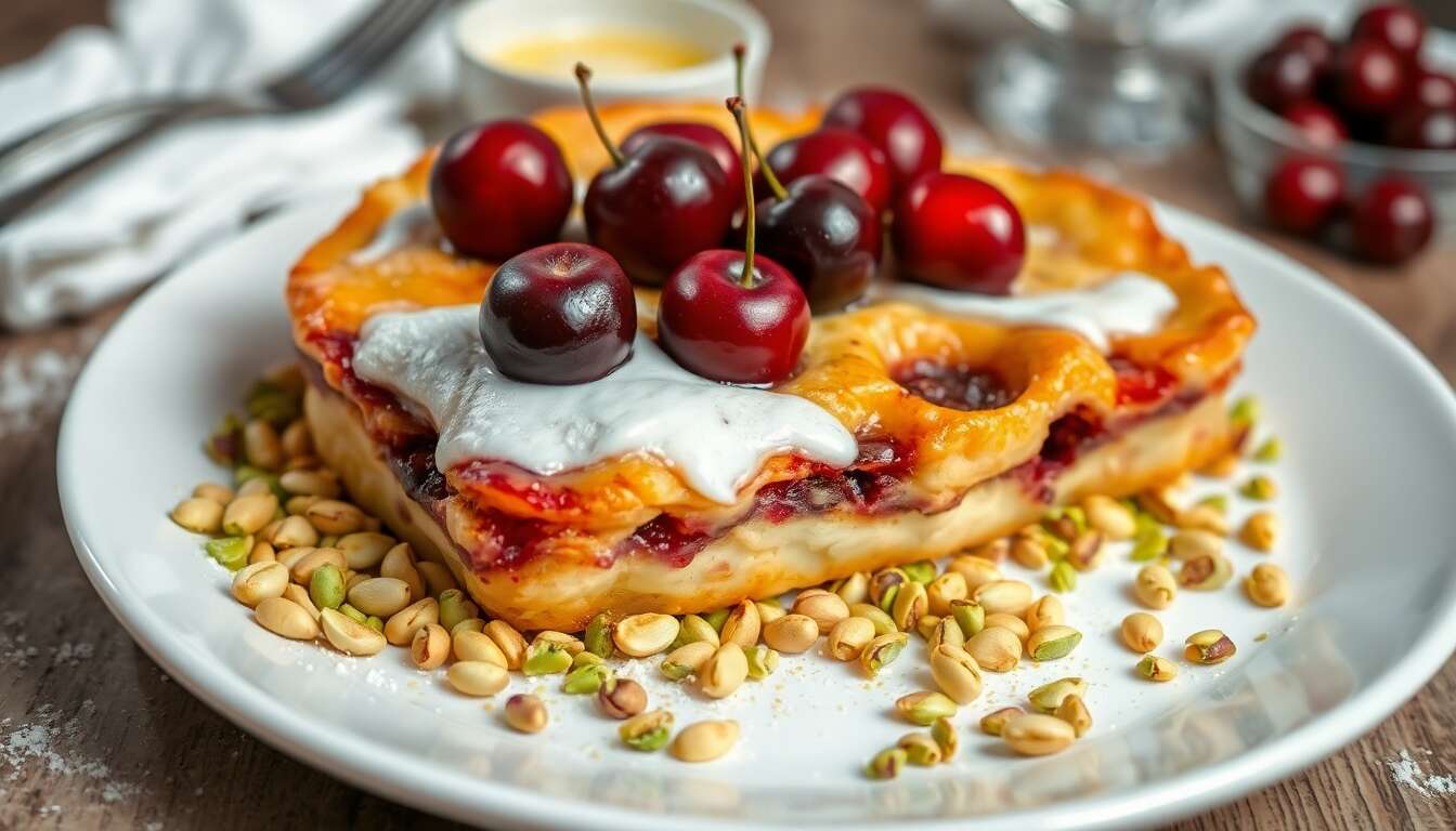 Clafoutis cerises amarena sur lit de pistaches concassées