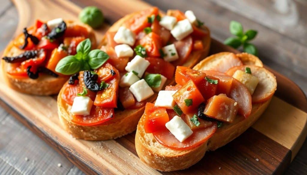 Trio de bruschettas colorées : tomate-basilic, poivron-feta, artichaut-parme