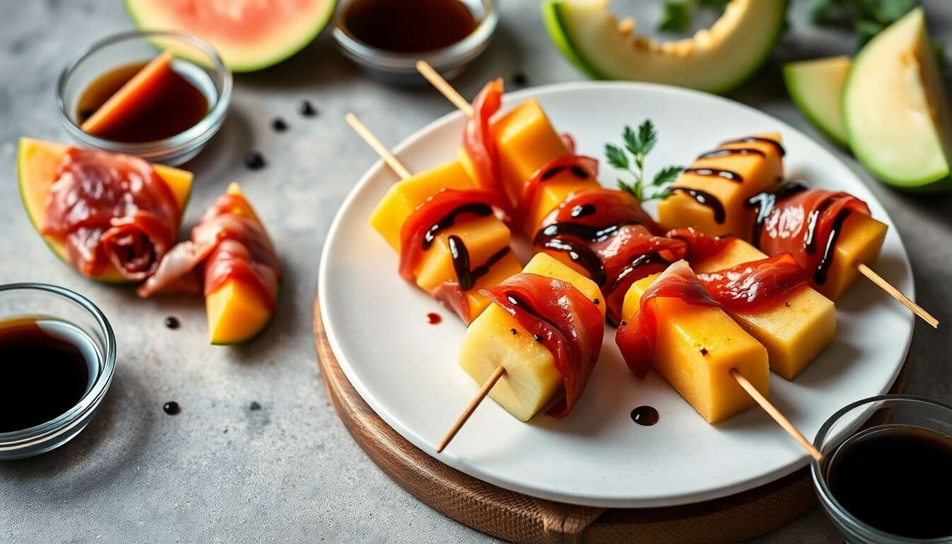 Brochettes apéritives melon, jambon cru et balsamique velours