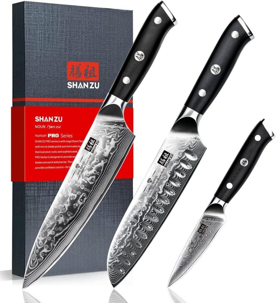 Test du set SHAN ZU 3 pièces : couteaux de cuisine japonais Damas