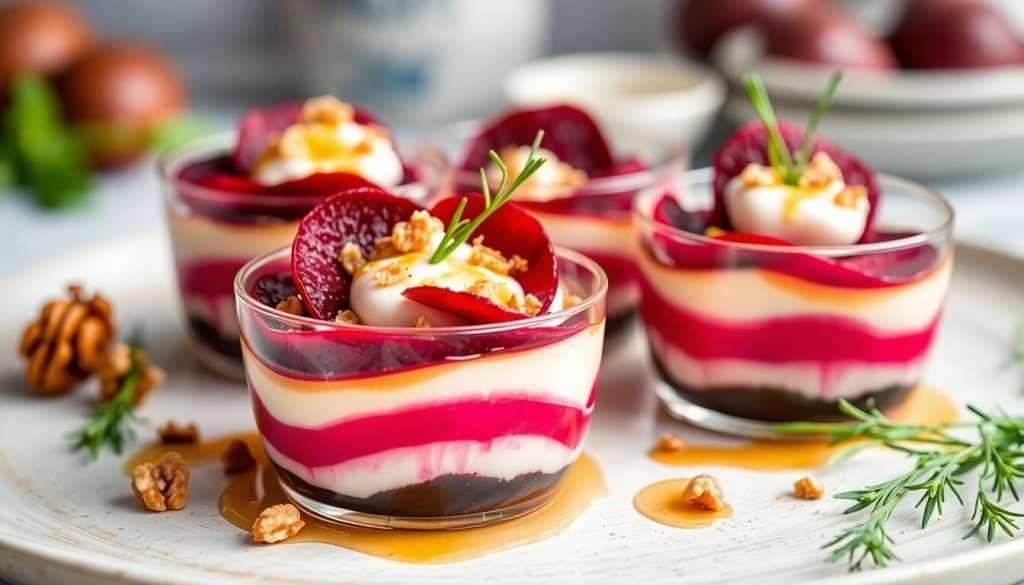 Verrines colorées aux betteraves et chÚvre frais