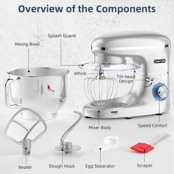 CHeflee Robot Pâtissier, 2000W Robot Pétrin, 6.2 L Robot de Cuisine Multifonction Faible Bruit avec Bol en Acier inox de,Batteur, Fouet & Crochet 6 Vitesses [Classe énergétique A+++]