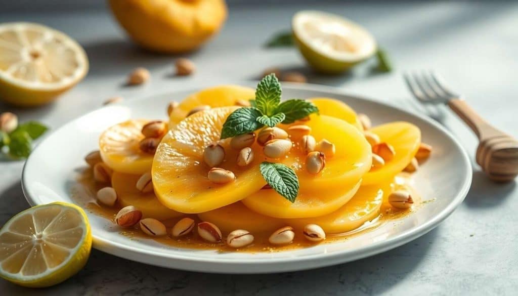 Carpaccio d'ananas, miel et pistaches croquantes
