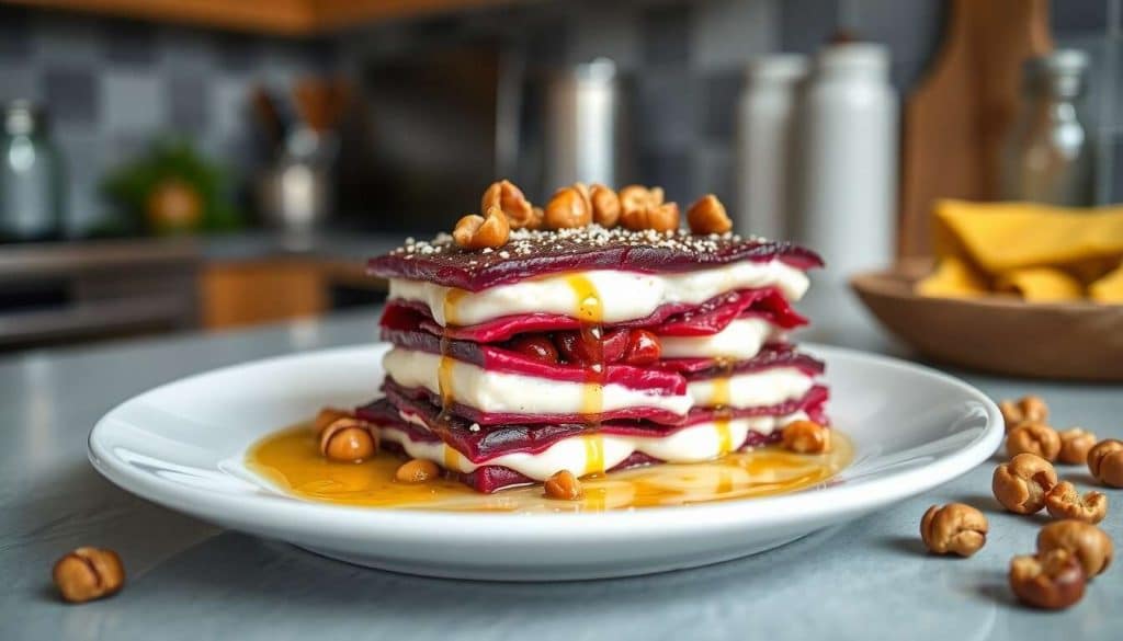 Mille-feuille de betterave à la mousse de chèvre et noisettes torréfiées