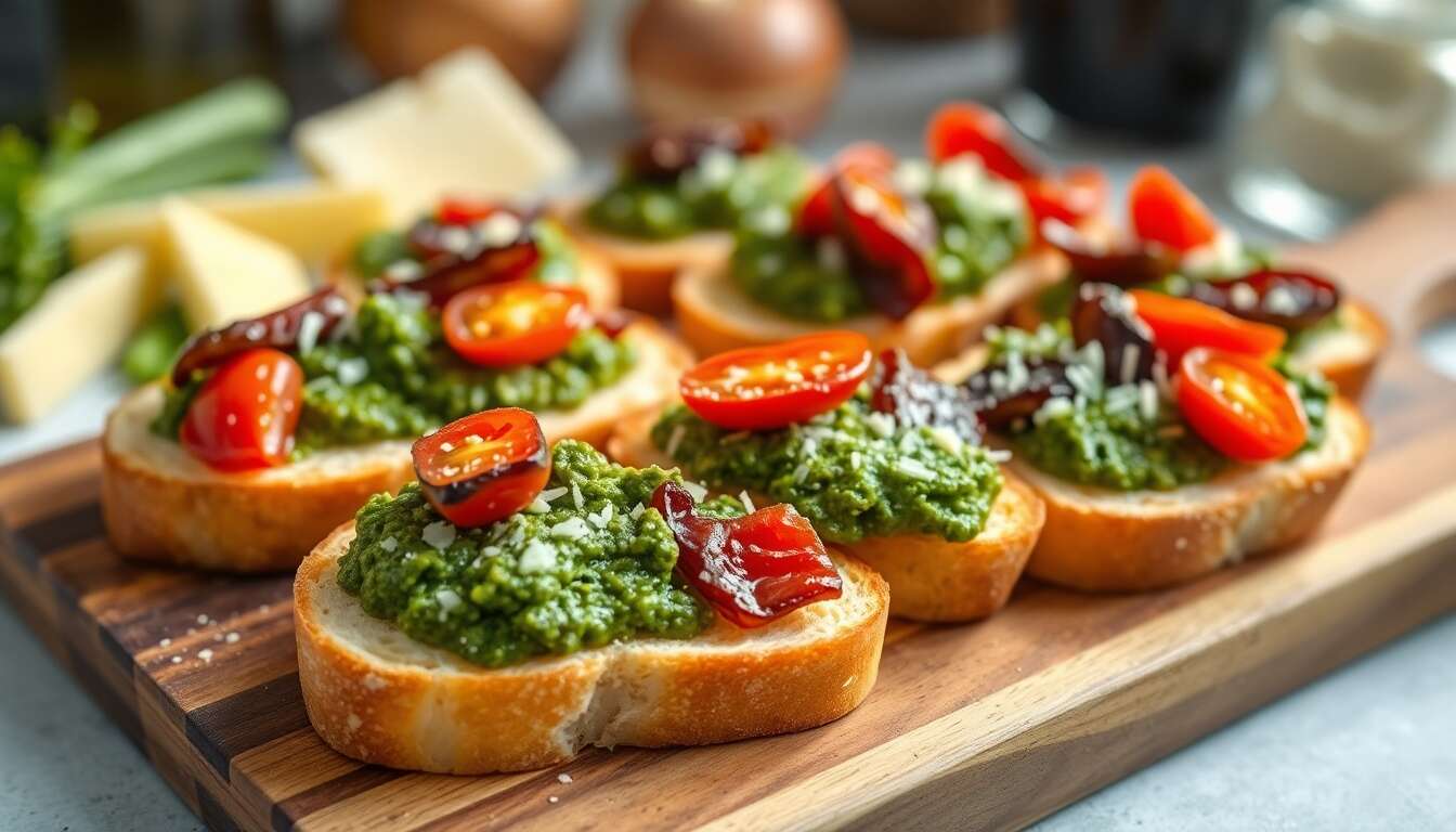 Crostinis croustillants au pesto et tomates séchées