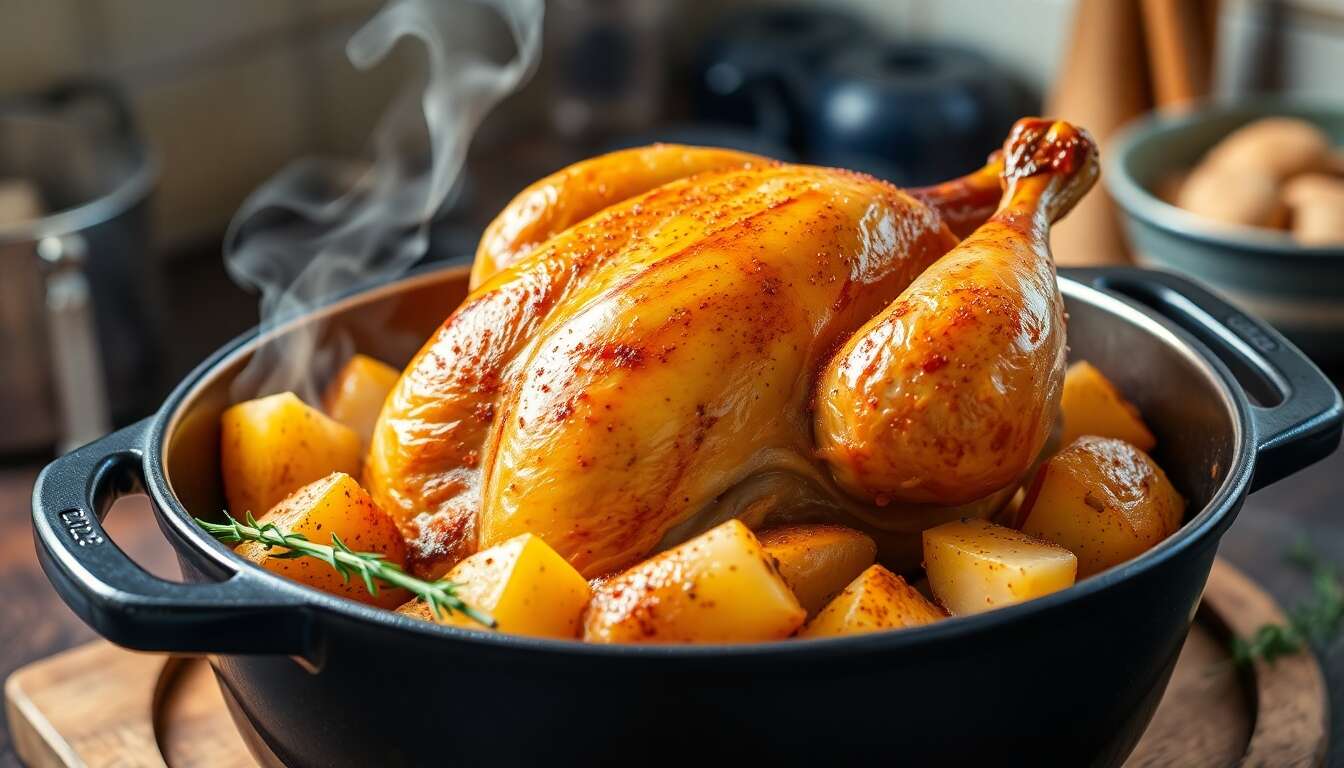 Cocotte de poulet rôti aux épices douces et pommes de terre fondantes