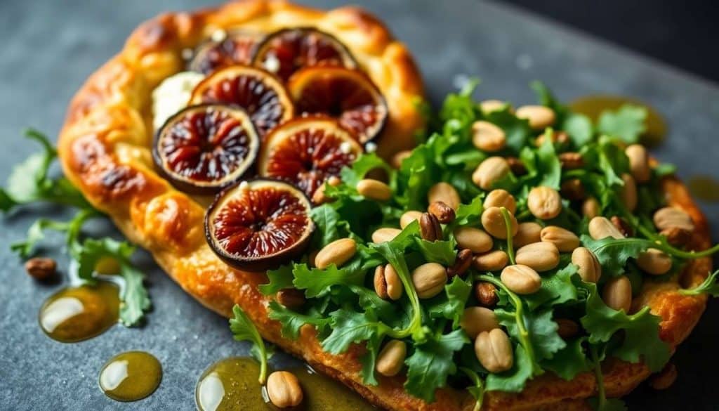 Tarte fine aux figues et chèvre sur lit de roquette, miel et pignons grillés