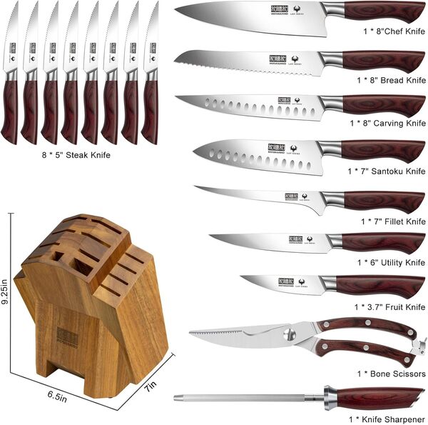 HOSHANHO Ensembles de Couteaux de Cuisine 18 Pièces, Set Couteaux de Chef en Haute Teneur en Carbone Acier Inoxydable, Bloc de Couteaux Cuisine Professionnelle avec Support en Bois
